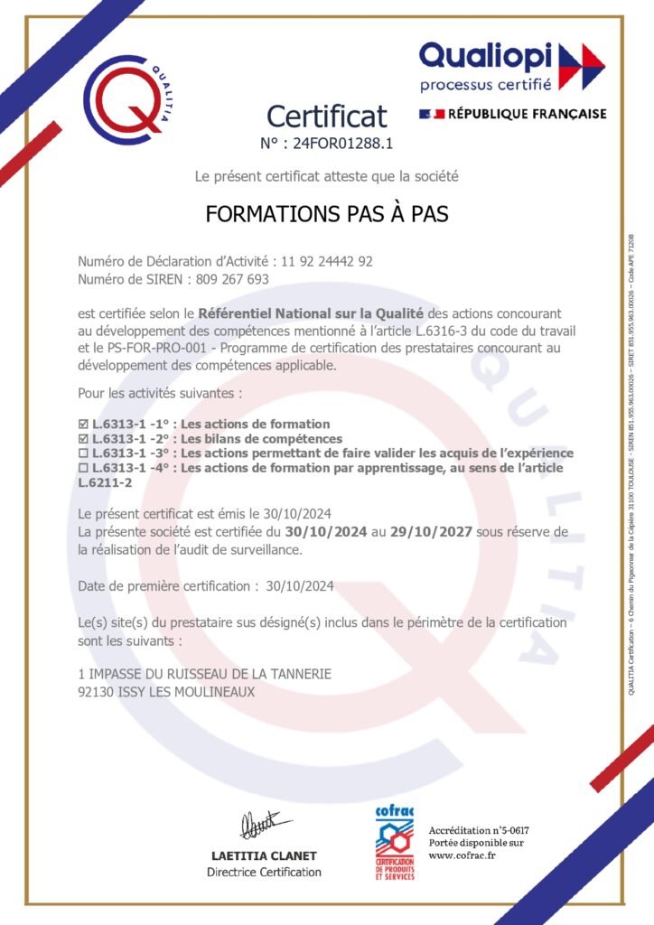 Certification de conformité Qualiopi Formations PAS à PAS